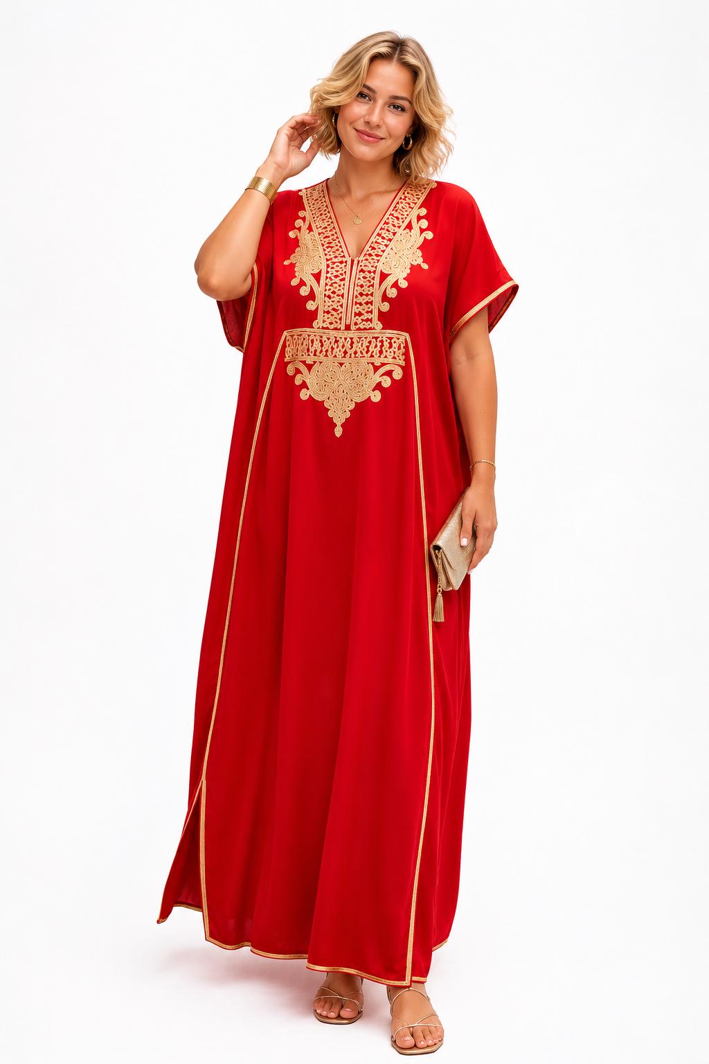 Red Kaftan Dress – Short-Sleeve Maxi