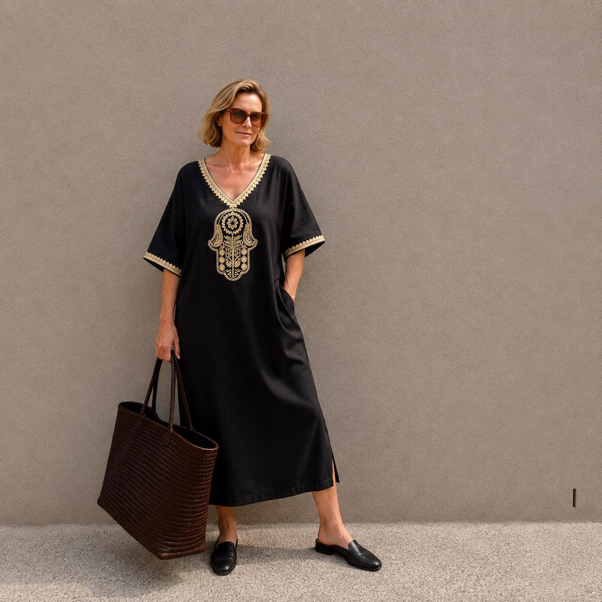 Black Kaftan Dress – Short-Sleeve Maxi