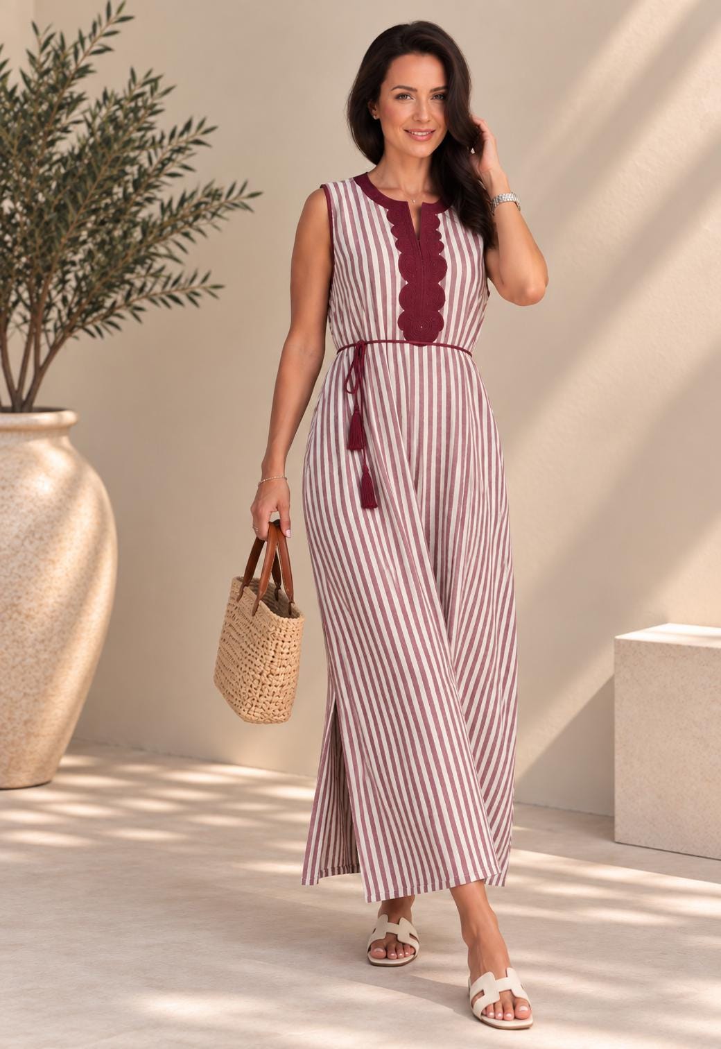 Striped Embroidered Gandoura Dress – Maxi