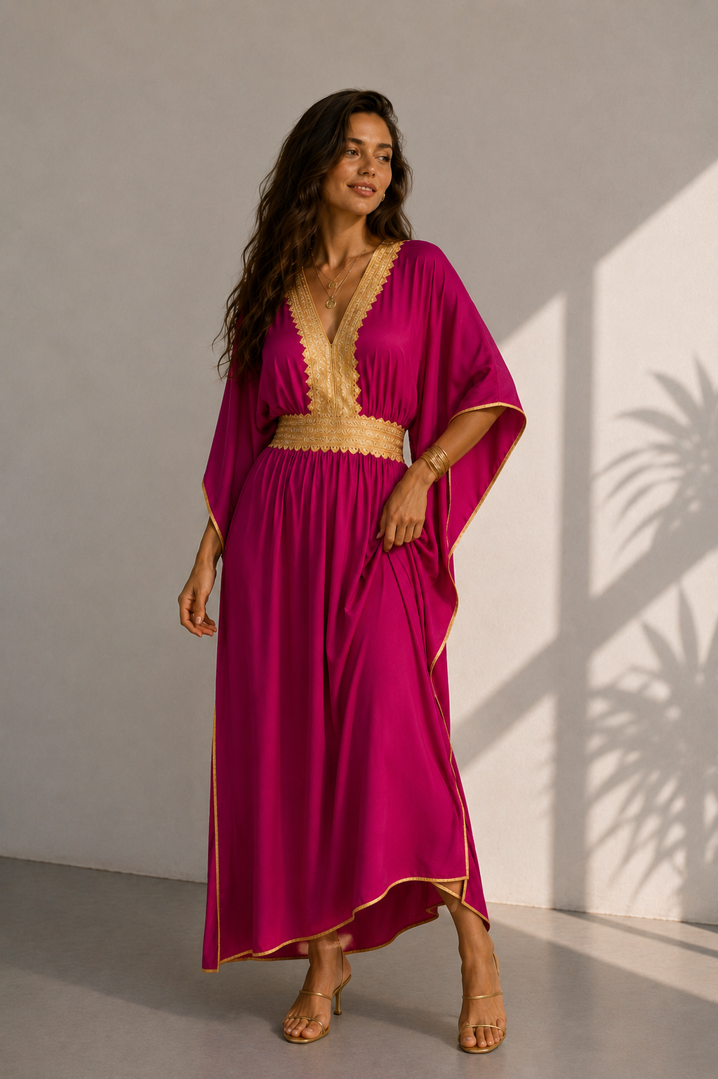 Women’s Black Kaftan Dress with Gold-Tone Trim