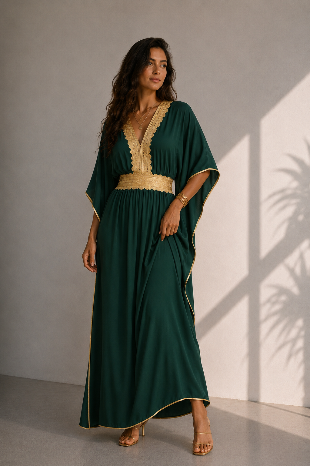 Women’s Black Kaftan Dress with Gold-Tone Trim