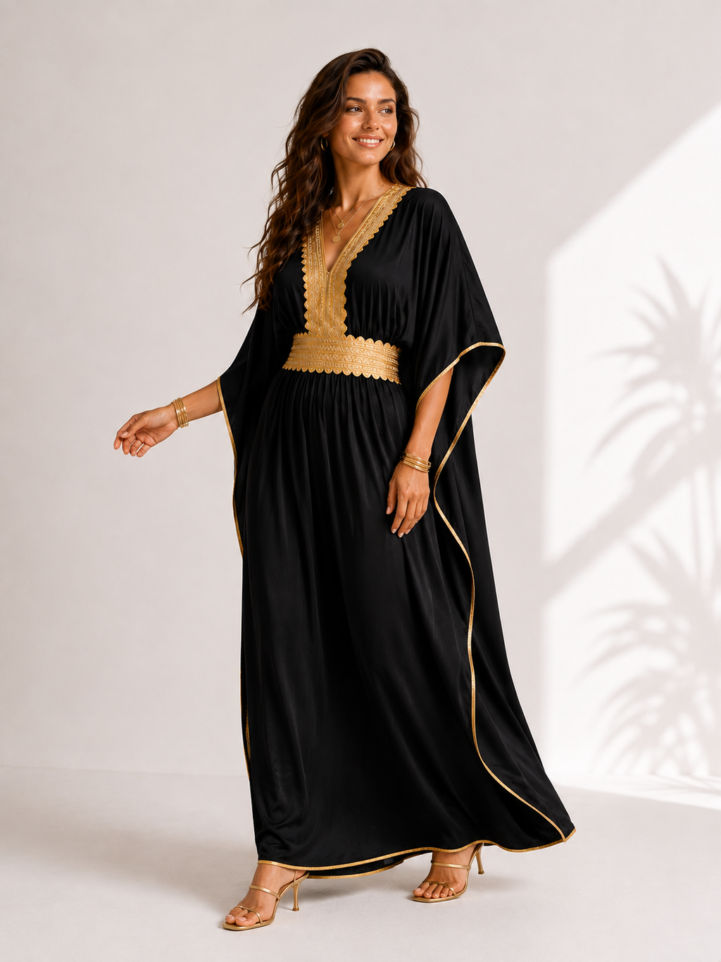 Women’s Black Kaftan Dress with Gold-Tone Trim