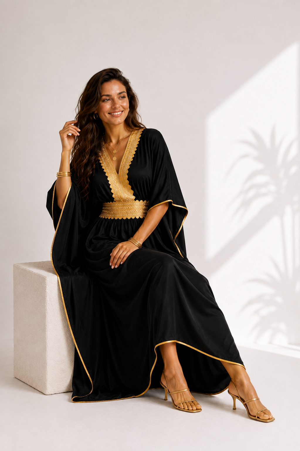 Women’s Black Kaftan Dress with Gold-Tone Trim