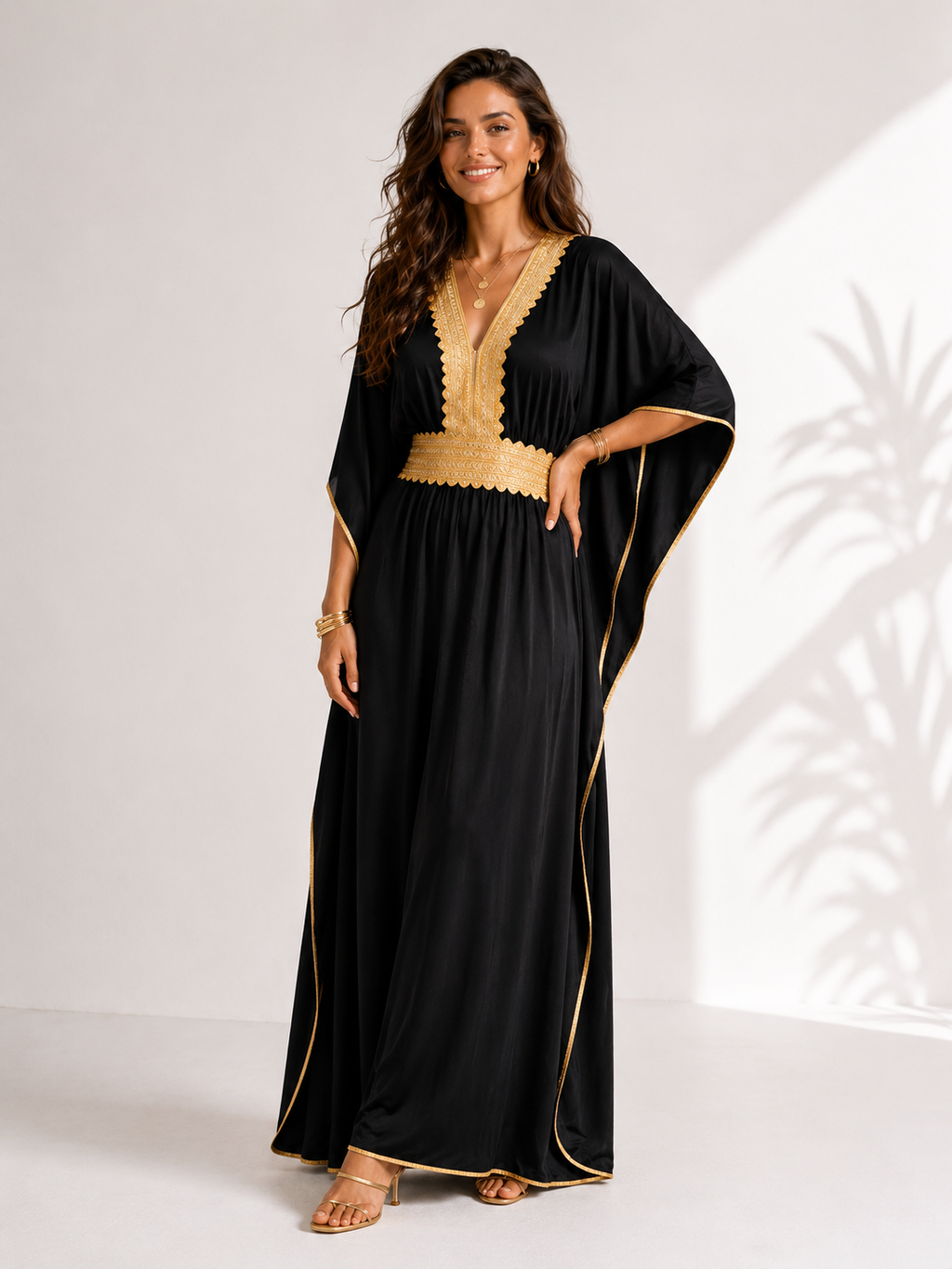 Women’s Black Kaftan Dress with Gold-Tone Trim