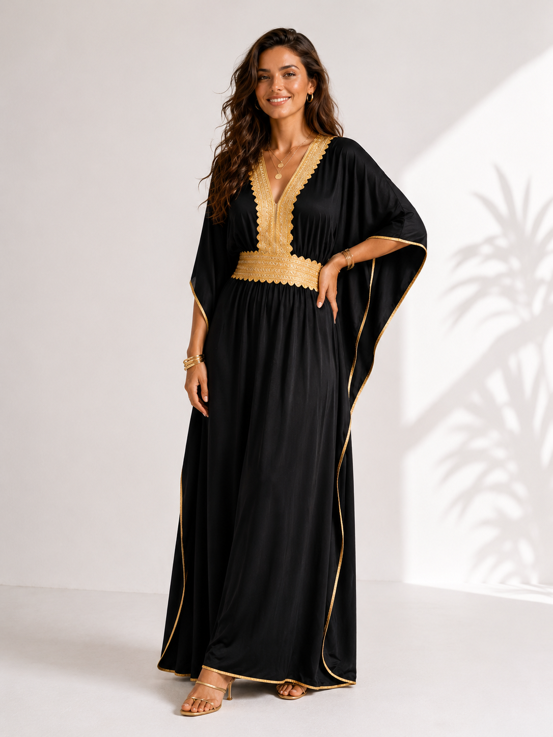 Women’s Black Kaftan Dress with Gold-Tone Trim