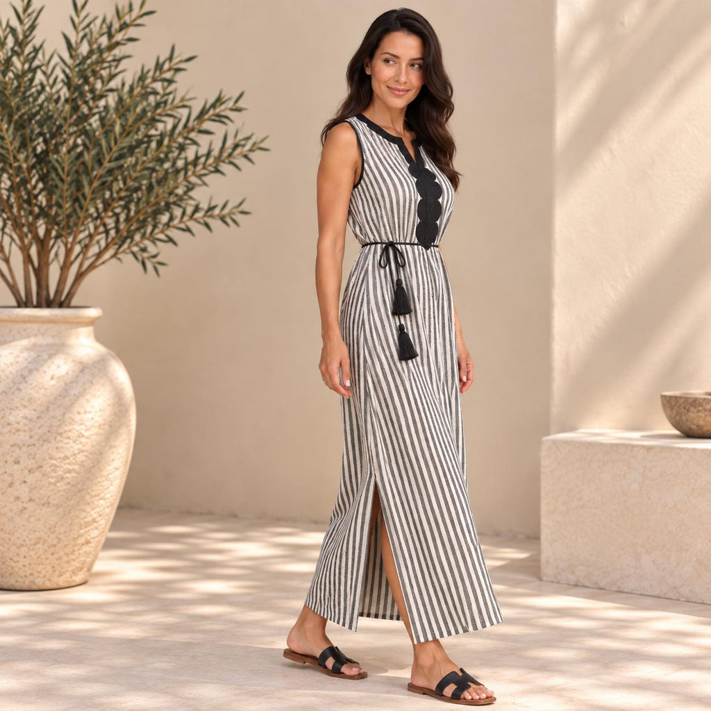 Striped Embroidered Gandoura Dress – Maxi