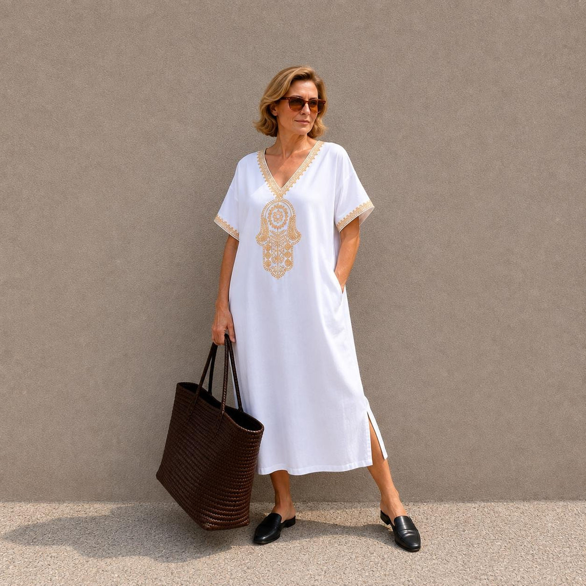 White Kaftan Dress – Short-Sleeve Maxi